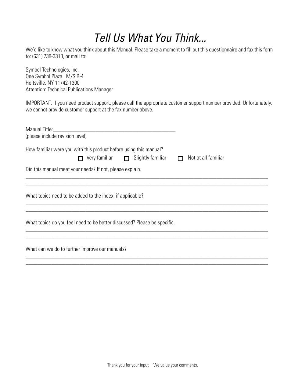 Tell us what you think | Symbol Technologies MC50 User Manual | Page 99 / 102
