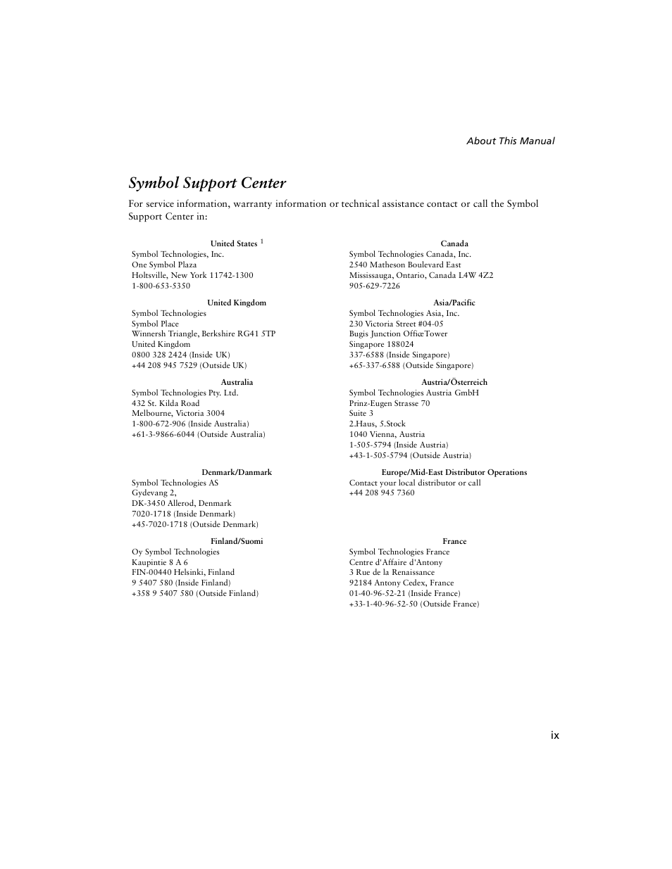 Symbol support center | Symbol Technologies VRC 6940 User Manual | Page 10 / 116