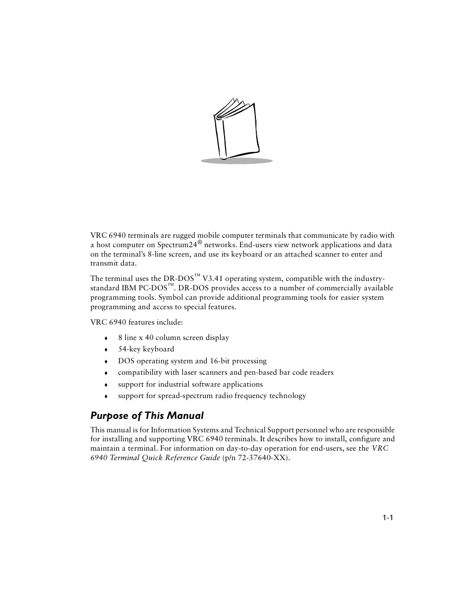 Chapter 1 getting started, Purpose of this manual, Chapter 1. getting started | Purpose of this manual -1 | Symbol Technologies VRC 6940 User Manual | Page 12 / 116