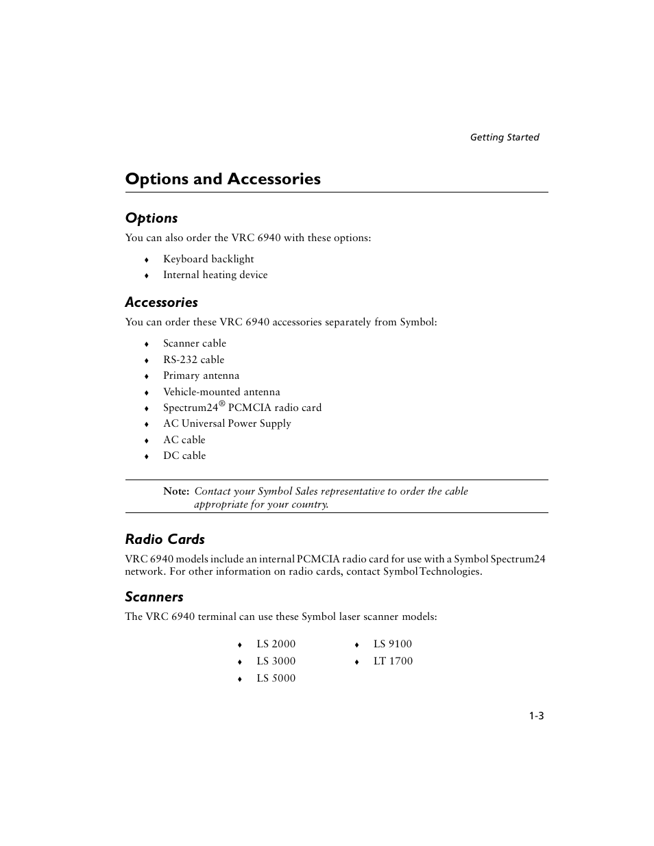 Options and accessories, Options, Accessories | Radio cards, Scanners, Options and accessories -3 | Symbol Technologies VRC 6940 User Manual | Page 14 / 116