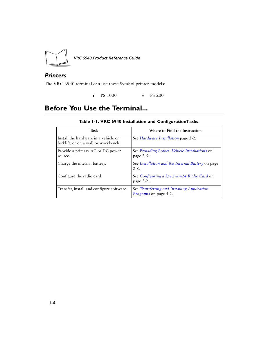 Printers, Before you use the terminal, Printers -4 | Before you use the terminal -4 | Symbol Technologies VRC 6940 User Manual | Page 15 / 116