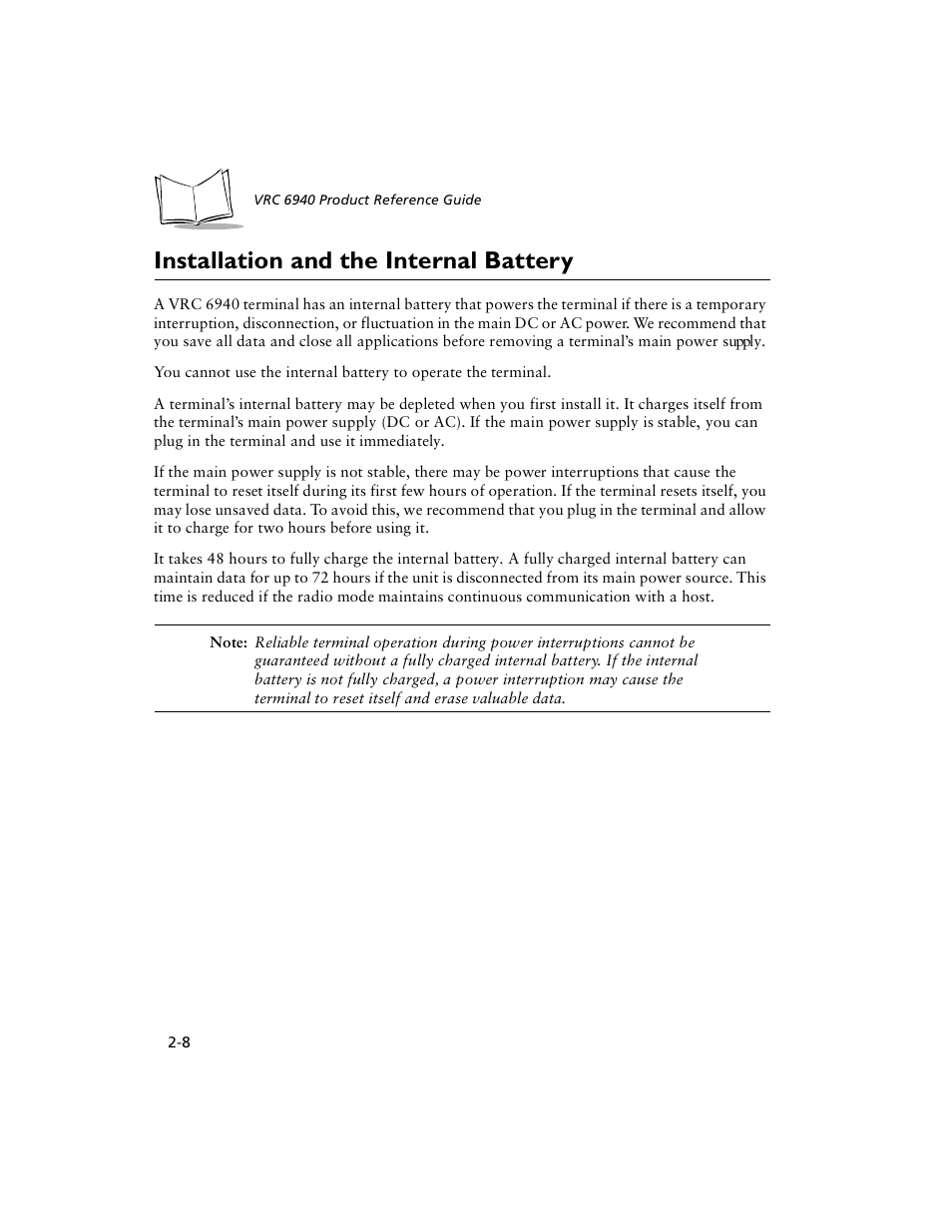 Installation and the internal battery, Installation and the internal battery -8 | Symbol Technologies VRC 6940 User Manual | Page 23 / 116