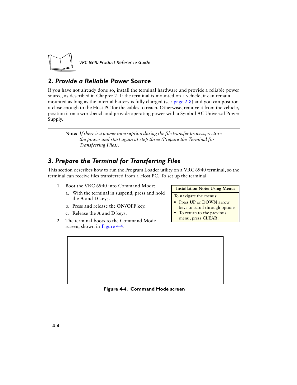 Provide a reliable power source, Prepare the terminal for transferring files | Symbol Technologies VRC 6940 User Manual | Page 33 / 116