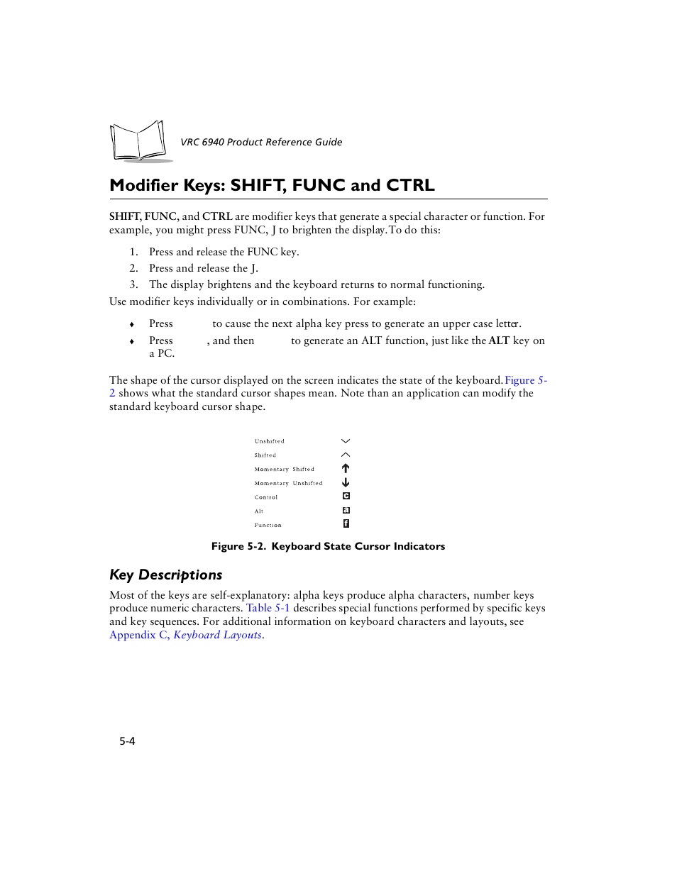 Modifier keys: shift, func and ctrl, Key descriptions, Modifier keys: shift, func and ctrl -4 | Symbol Technologies VRC 6940 User Manual | Page 41 / 116
