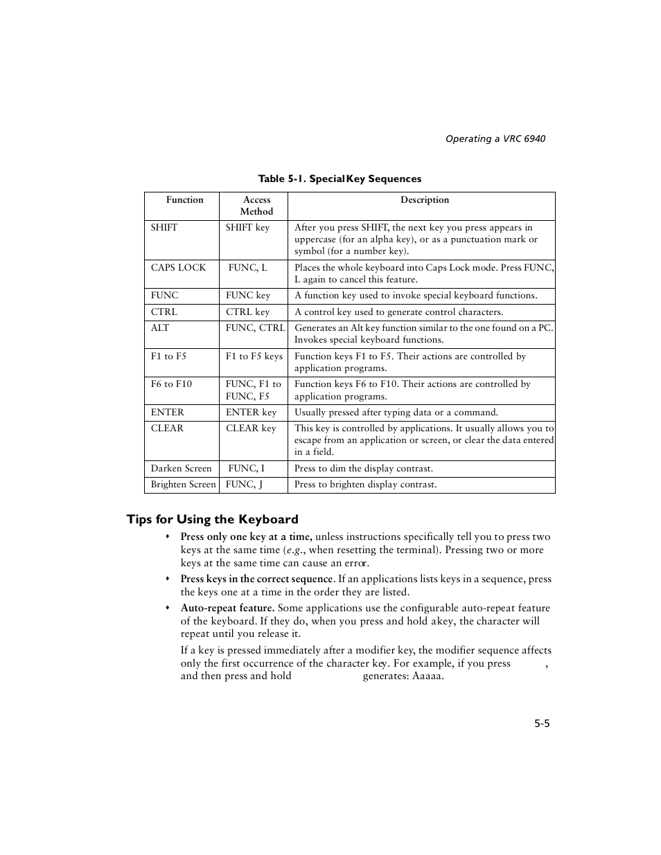 Tips for using the keyboard, Table 5-1 | Symbol Technologies VRC 6940 User Manual | Page 42 / 116