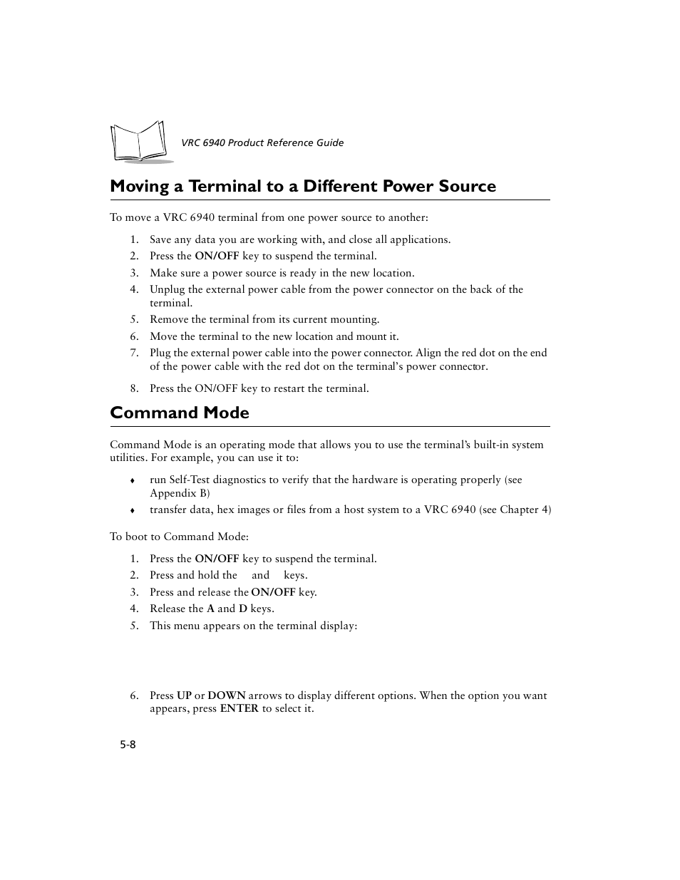 Moving a terminal to a different power source, Command mode | Symbol Technologies VRC 6940 User Manual | Page 45 / 116