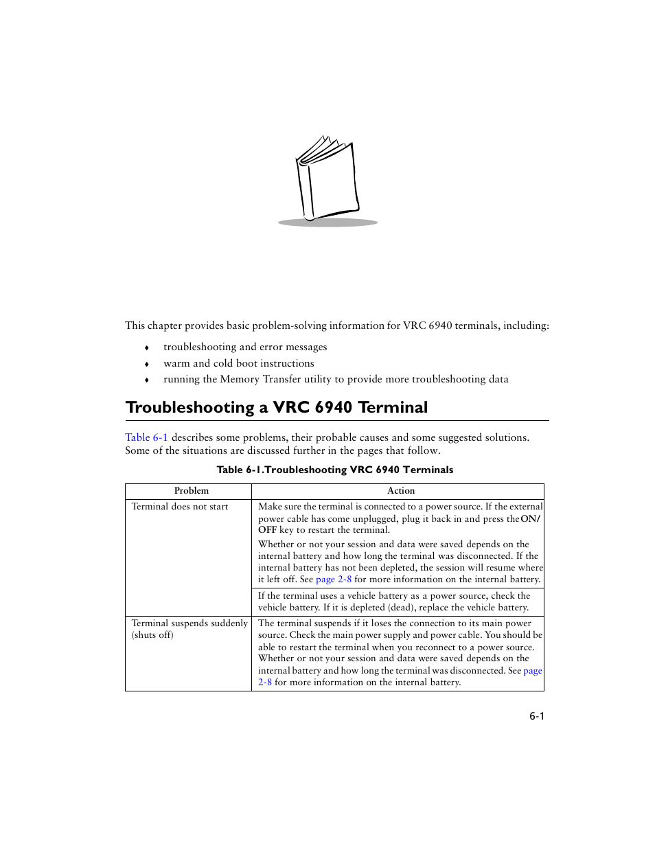 Chapter 6 troubleshooting, Troubleshooting a vrc 6940 terminal, Chapter 6. troubleshooting | Troubleshooting a vrc 6940 terminal -1 | Symbol Technologies VRC 6940 User Manual | Page 46 / 116