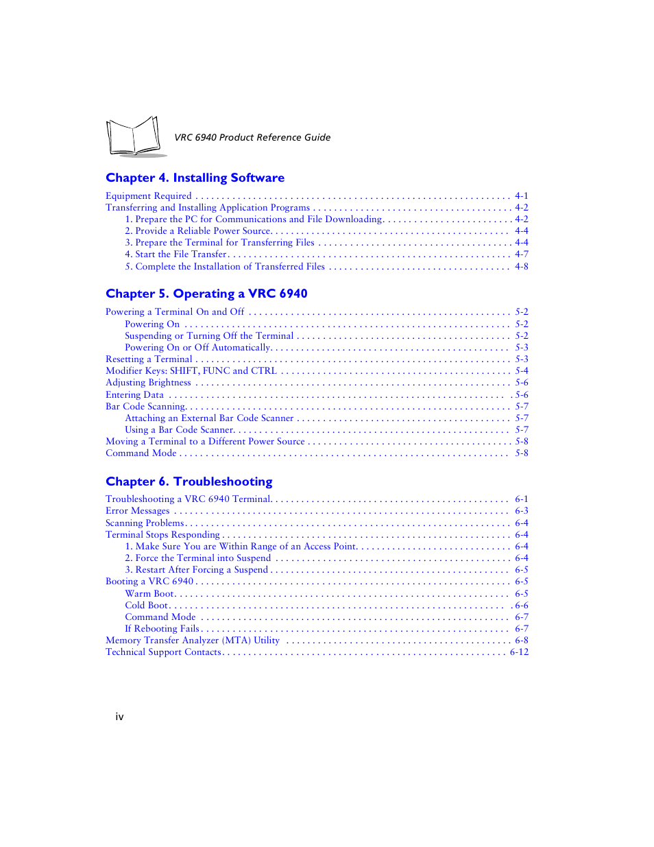 Chapter 4. installing software, Chapter 6. troubleshooting | Symbol Technologies VRC 6940 User Manual | Page 5 / 116