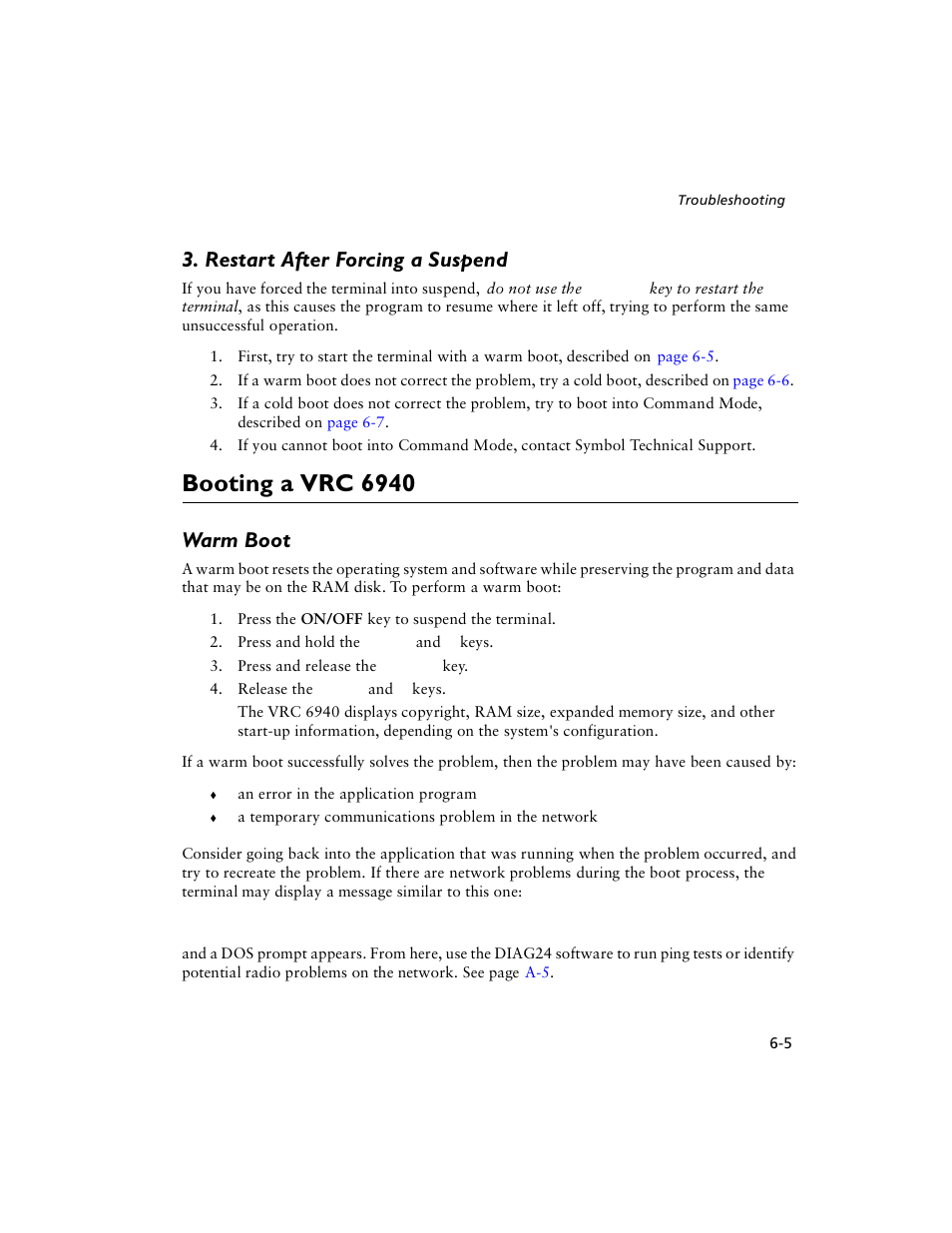 Restart after forcing a suspend, Booting a vrc 6940, Warm boot | Restart after forcing a suspend -5, Booting a vrc 6940 -5, Warm boot -5 | Symbol Technologies VRC 6940 User Manual | Page 50 / 116