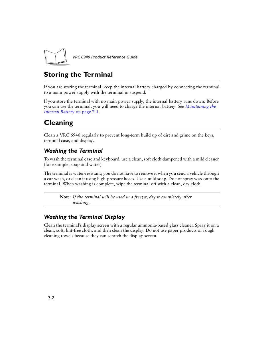 Storing the terminal, Cleaning, Washing the terminal | Washing the terminal display, Storing the terminal -2 cleaning -2 | Symbol Technologies VRC 6940 User Manual | Page 59 / 116