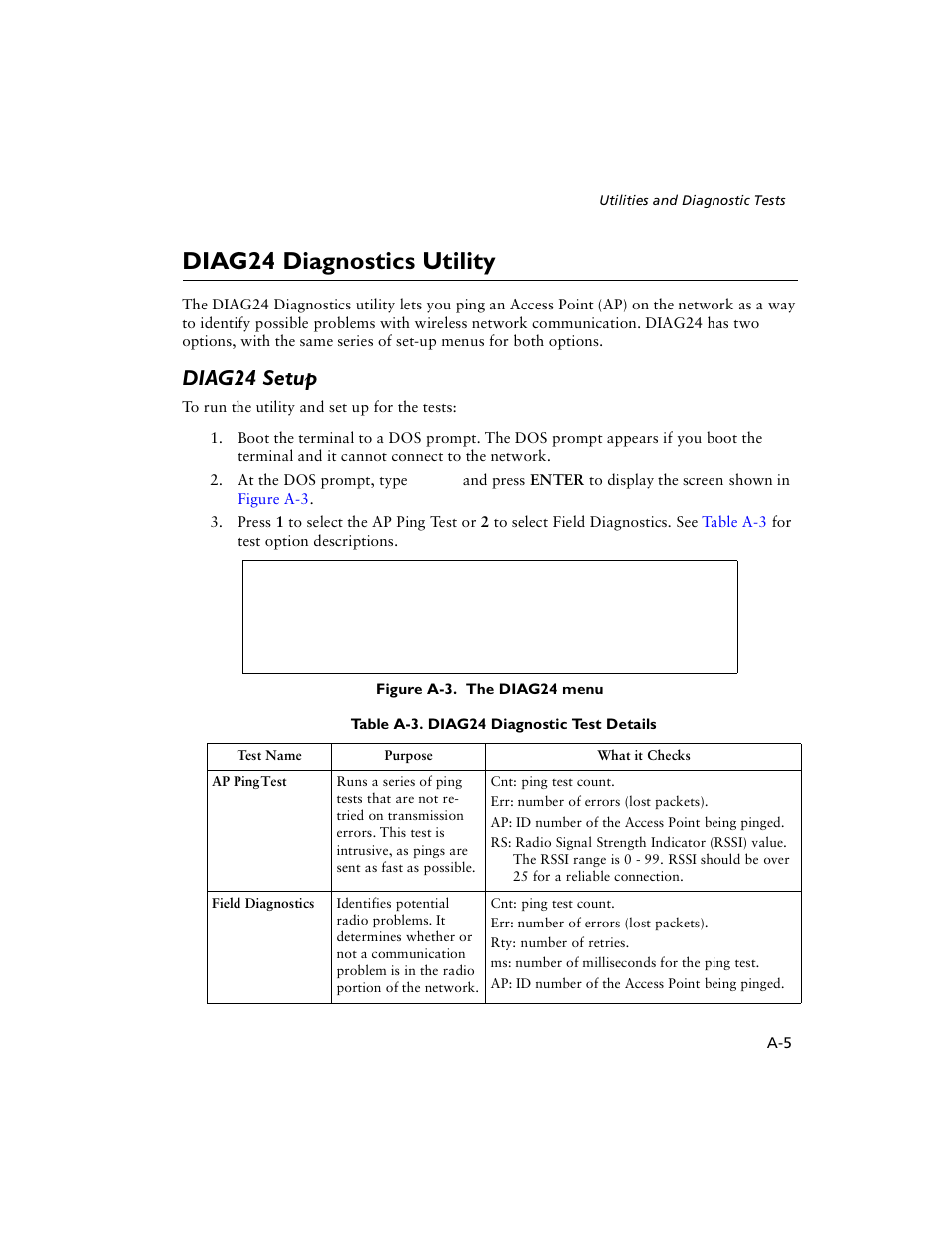 Diag24 diagnostics utility, Diag24 setup | Symbol Technologies VRC 6940 User Manual | Page 64 / 116