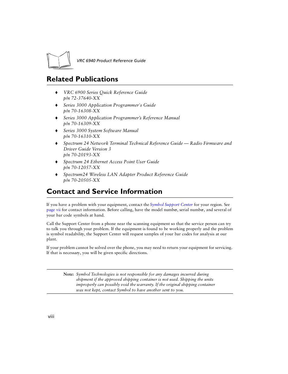 Related publications, Contact and service information | Symbol Technologies VRC 6940 User Manual | Page 9 / 116