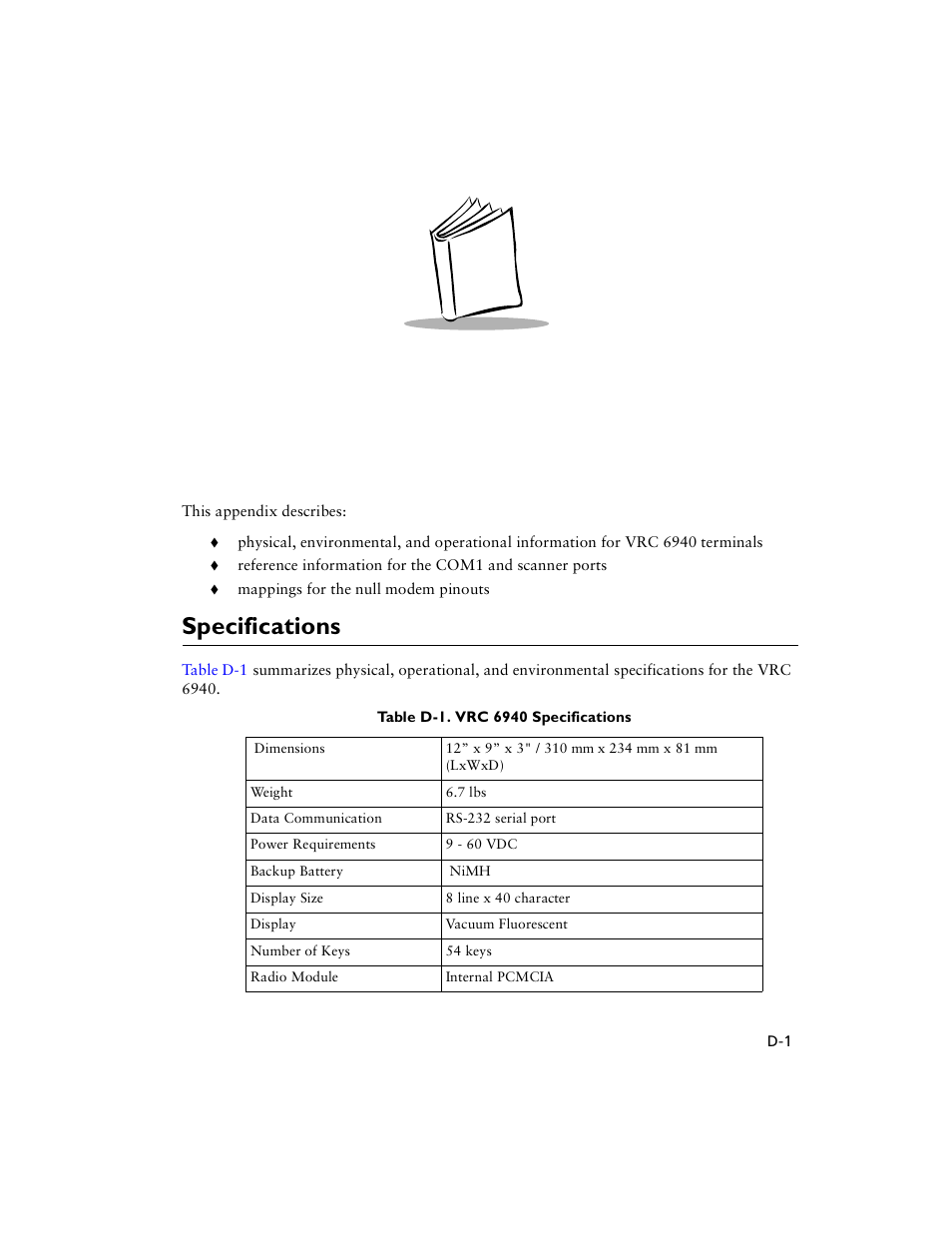 Specifications | Symbol Technologies VRC 6940 User Manual | Page 98 / 116