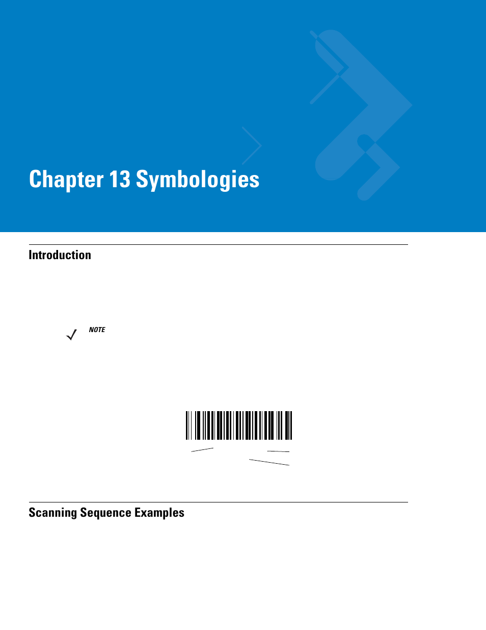 Symbologies, Introduction, Scanning sequence examples | Chapter 13: symbologies, Introduction -1 scanning sequence examples -1, Chapter 13, symbologies, Describ, Chapter 13, Chapter 13 symbologies | Symbol Technologies 72E-86039-04 User Manual | Page 163 / 434
