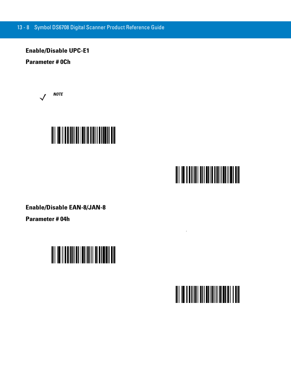 Enable/disable upc-e1, Enable/disable ean-8/jan-8, Enable/disable upc-e1 parameter # 0ch | Enable/disable ean-8/jan-8 parameter # 04h | Symbol Technologies 72E-86039-04 User Manual | Page 170 / 434