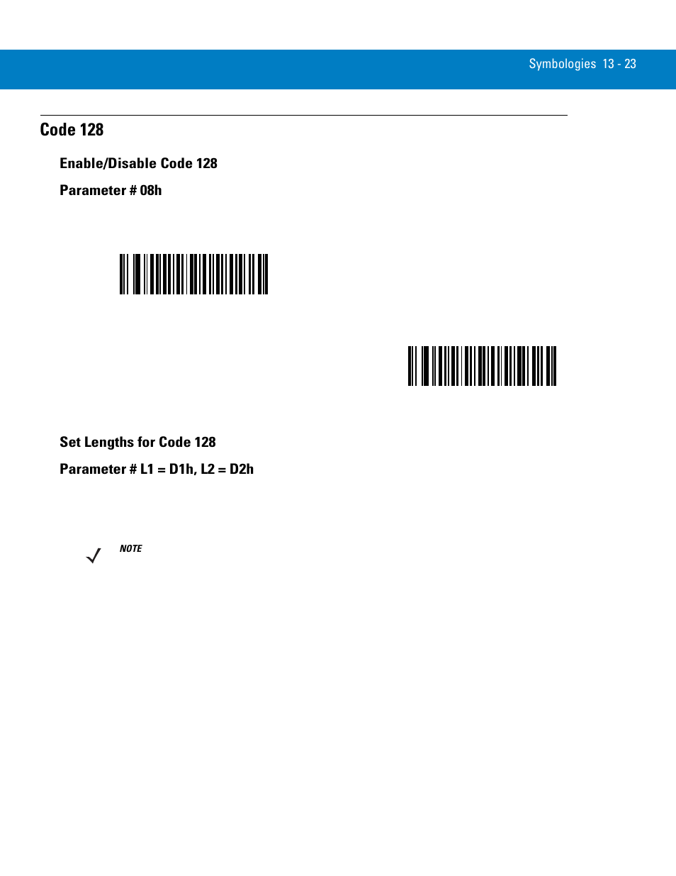 Code 128, Enable/disable code 128, Set lengths for code 128 | Code 128 -23 | Symbol Technologies 72E-86039-04 User Manual | Page 185 / 434