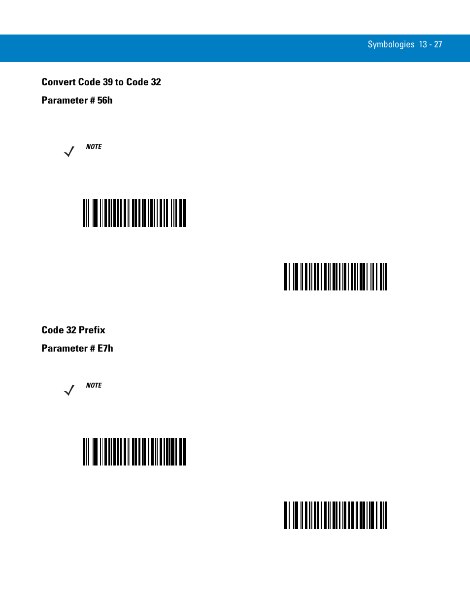 Convert code 39 to code 32, Code 32 prefix, Convert code 39 to code 32 -27 code 32 prefix -27 | Code 32 prefix parameter # e7h | Symbol Technologies 72E-86039-04 User Manual | Page 189 / 434