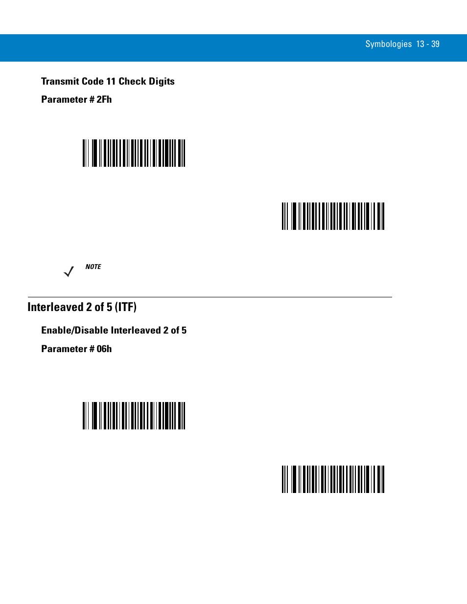 Transmit code 11 check digits, Interleaved 2 of 5 (itf), Enable/disable interleaved 2 of 5 | Transmit code 11 check digits -39, Interleaved 2 of 5 (itf) -39, Enable/disable interleaved 2 of 5 -39 | Symbol Technologies 72E-86039-04 User Manual | Page 201 / 434