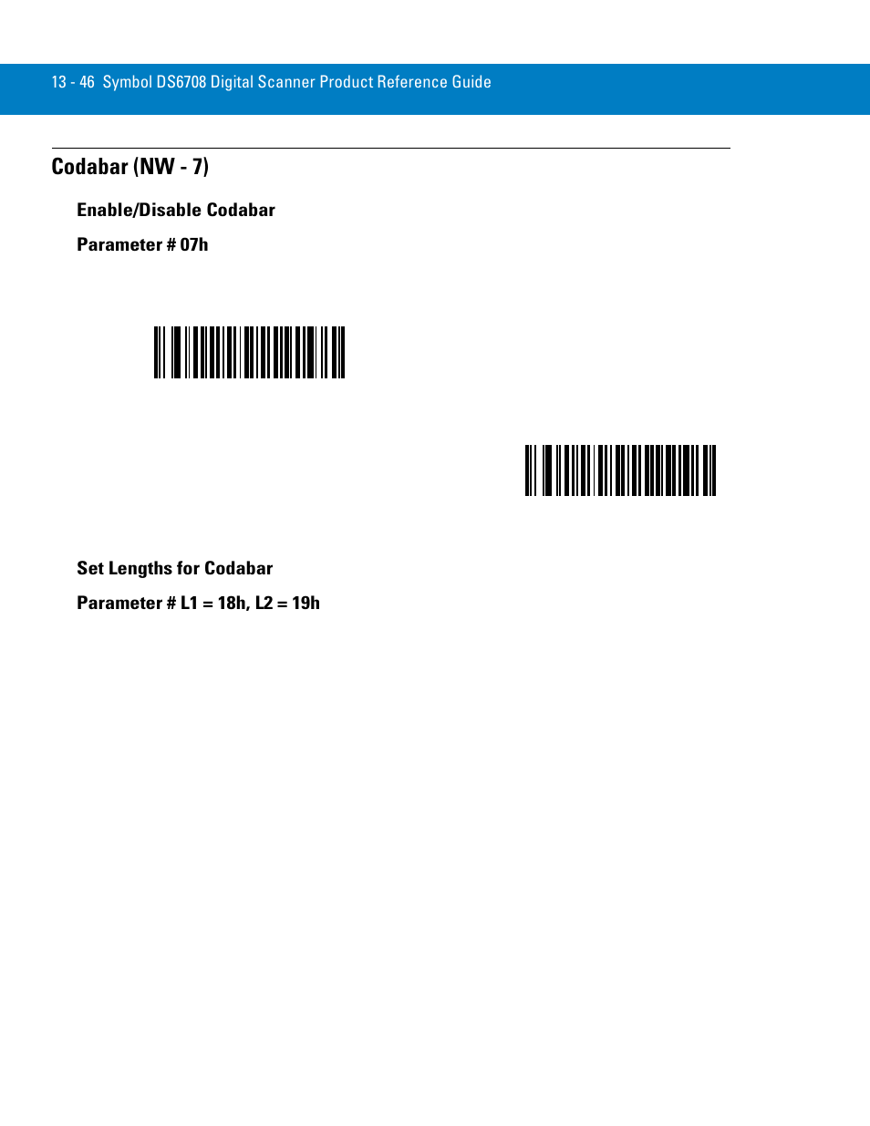 Codabar (nw - 7), Enable/disable codabar, Set lengths for codabar | Codabar (nw - 7) -46, Enable/disable codabar parameter # 07h | Symbol Technologies 72E-86039-04 User Manual | Page 208 / 434