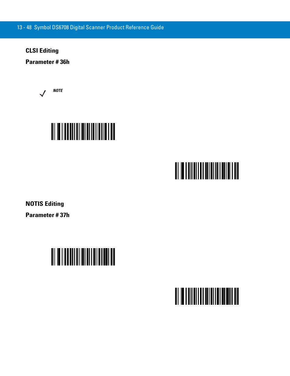 Clsi editing, Notis editing, Clsi editing -48 notis editing -48 | Clsi editing parameter # 36h, Notis editing parameter # 37h | Symbol Technologies 72E-86039-04 User Manual | Page 210 / 434