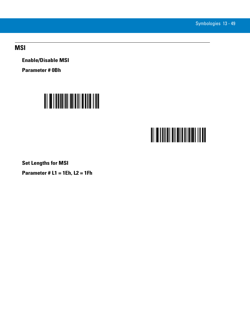 Enable/disable msi, Set lengths for msi, Msi -49 | Enable/disable msi -49 set lengths for msi -49, Enable/disable msi parameter # 0bh, Set lengths for msi parameter # l1 = 1eh, l2 = 1fh | Symbol Technologies 72E-86039-04 User Manual | Page 211 / 434