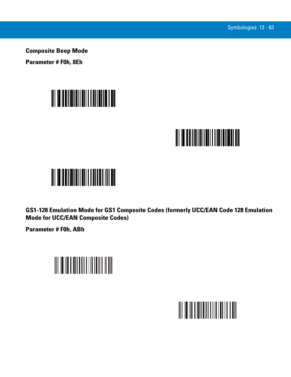 Composite beep mode, Ucc/ean composite codes) -63, Composite beep mode parameter # f0h, 8eh | Symbol Technologies 72E-86039-04 User Manual | Page 225 / 434
