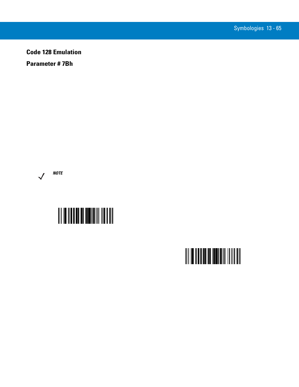 Code 128 emulation, Code 128 emulation -65, Code 128 emulation parameter # 7bh | Symbol Technologies 72E-86039-04 User Manual | Page 227 / 434
