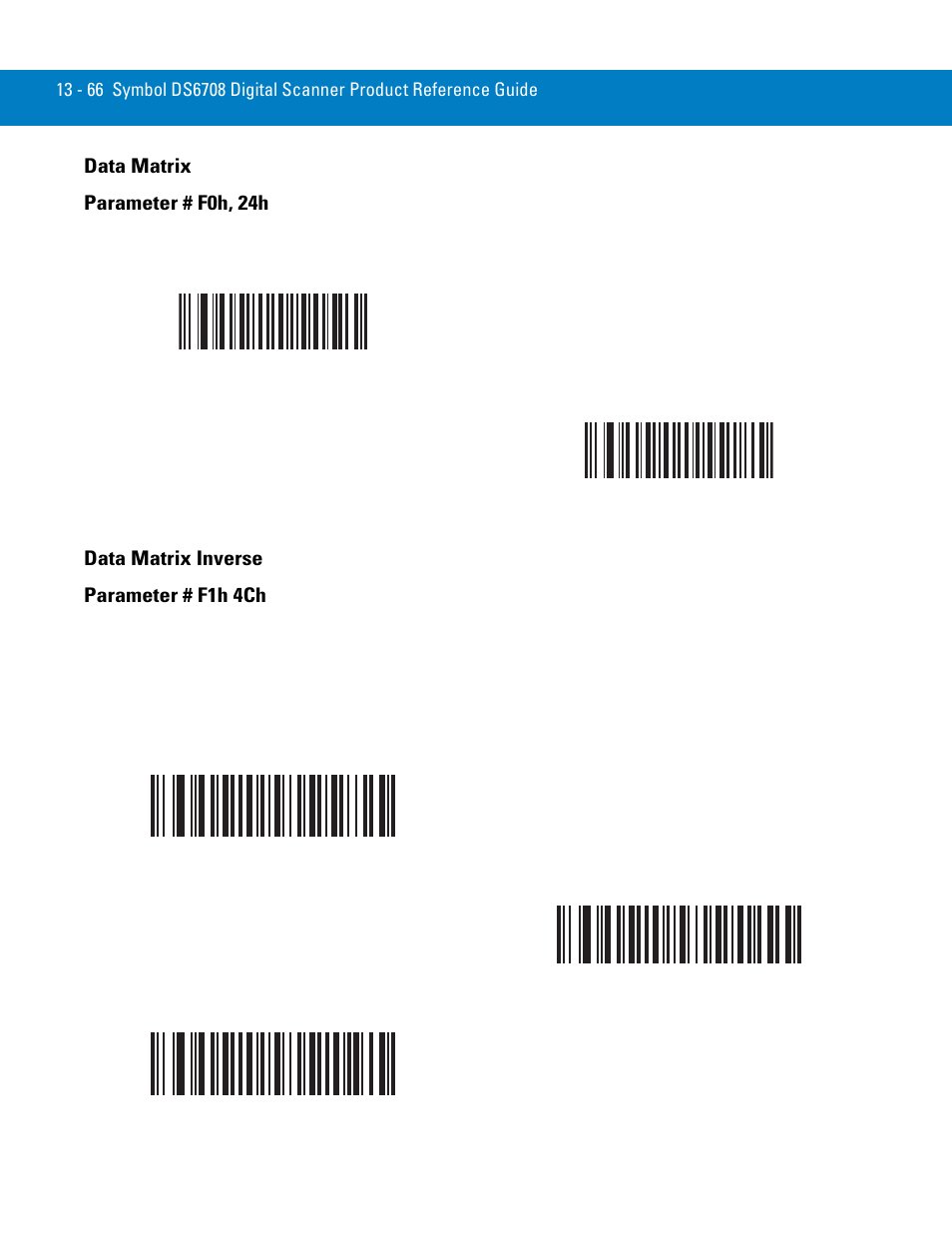 Data matrix, Data matrix inverse, Data matrix -66 data matrix inverse -66 | Data matrix parameter # f0h, 24h, Data matrix inverse parameter # f1h 4ch | Symbol Technologies 72E-86039-04 User Manual | Page 228 / 434