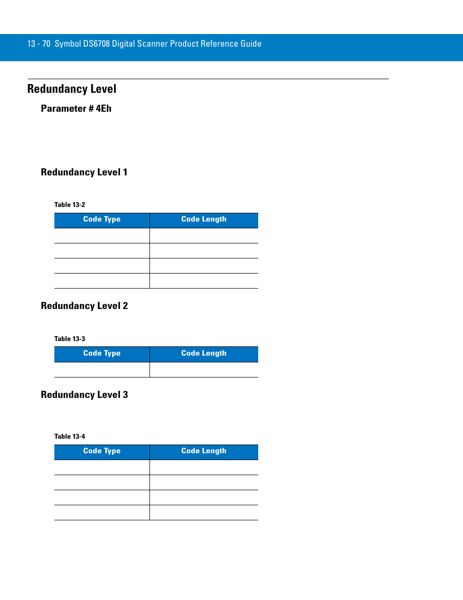 Redundancy level, Redundancy level 1, Redundancy level 2 | Redundancy level 3, Redundancy level -70, Parameter # 4eh | Symbol Technologies 72E-86039-04 User Manual | Page 232 / 434