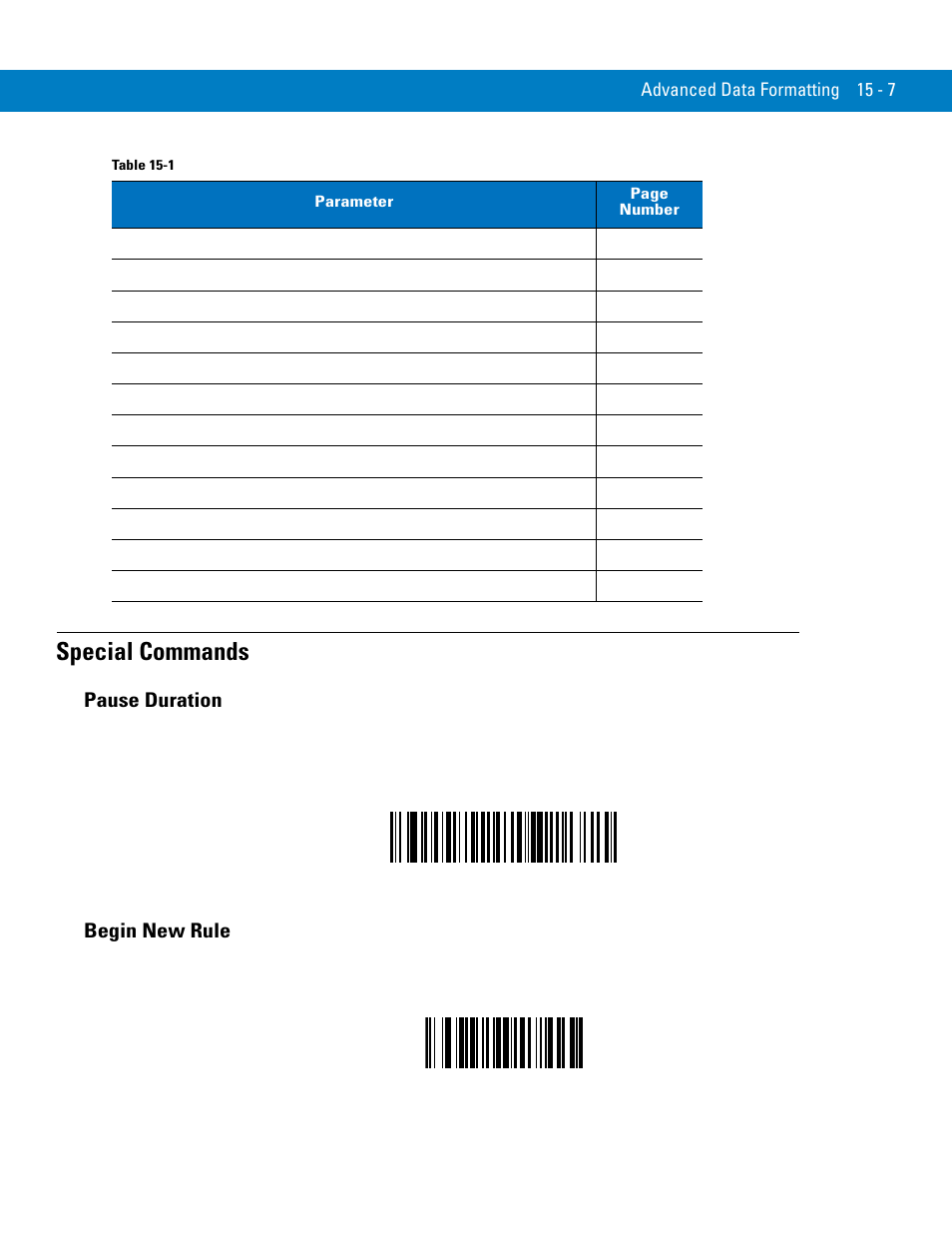 Special commands, Pause duration, Begin new rule | Special commands -7, Pause duration -7 begin new rule -7 | Symbol Technologies 72E-86039-04 User Manual | Page 283 / 434