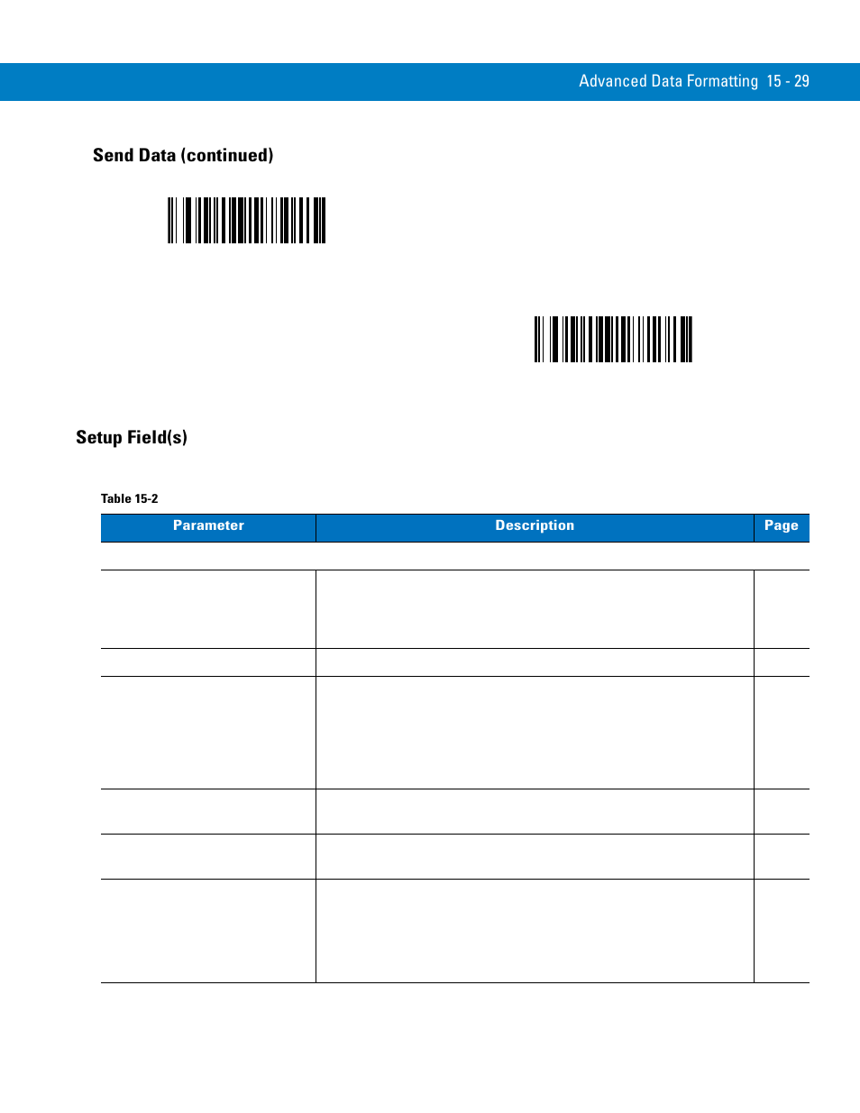 Setup field(s), Setup field(s) -29, Send next 20 characters | Setup field(s) send data (continued) | Symbol Technologies 72E-86039-04 User Manual | Page 305 / 434