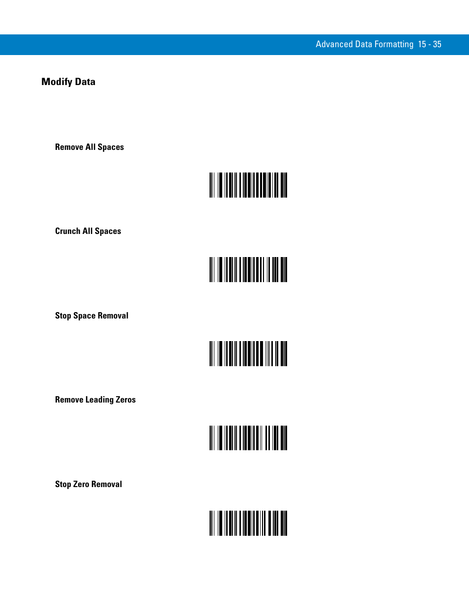Modify data, Remove all spaces, Crunch all spaces | Stop space removal, Remove leading zeros, Stop zero removal, Modify data -35 | Symbol Technologies 72E-86039-04 User Manual | Page 311 / 434
