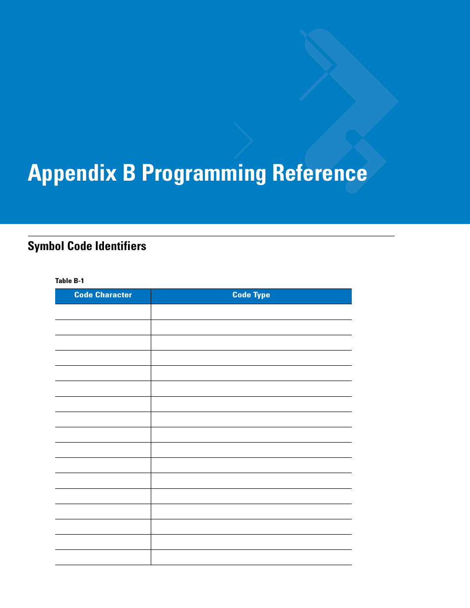 Programming reference, Symbol code identifiers, Appendix b: programming reference | Appendix b, programming reference, Appendix b programming reference | Symbol Technologies 72E-86039-04 User Manual | Page 389 / 434