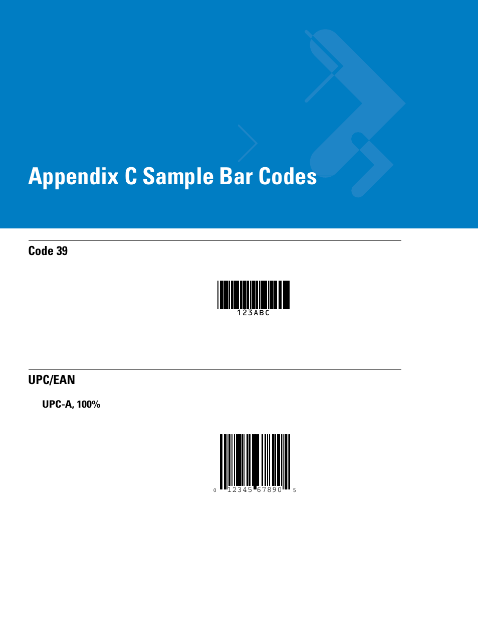Sample bar codes, Code 39, Upc/ean | Upc-a, 100, Appendix c: sample bar codes, Appendix c, sample bar codes, Appendix c sample bar codes | Symbol Technologies 72E-86039-04 User Manual | Page 397 / 434