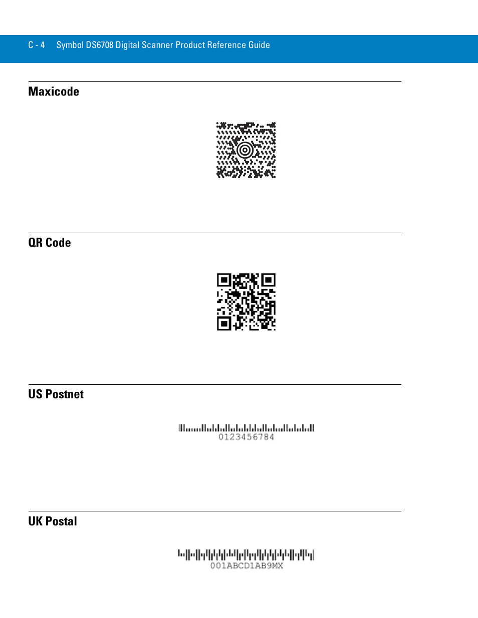 Maxicode, Qr code, Us postnet | Uk postal | Symbol Technologies 72E-86039-04 User Manual | Page 400 / 434