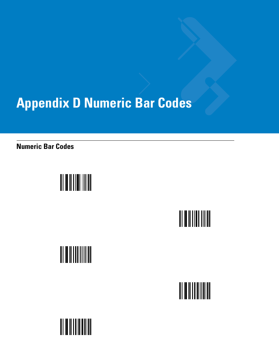 Numeric bar codes, Appendix d: numeric bar codes, Appendix d, numeric bar codes | Includ, Appendix d, Appendix d numeric bar codes | Symbol Technologies 72E-86039-04 User Manual | Page 401 / 434