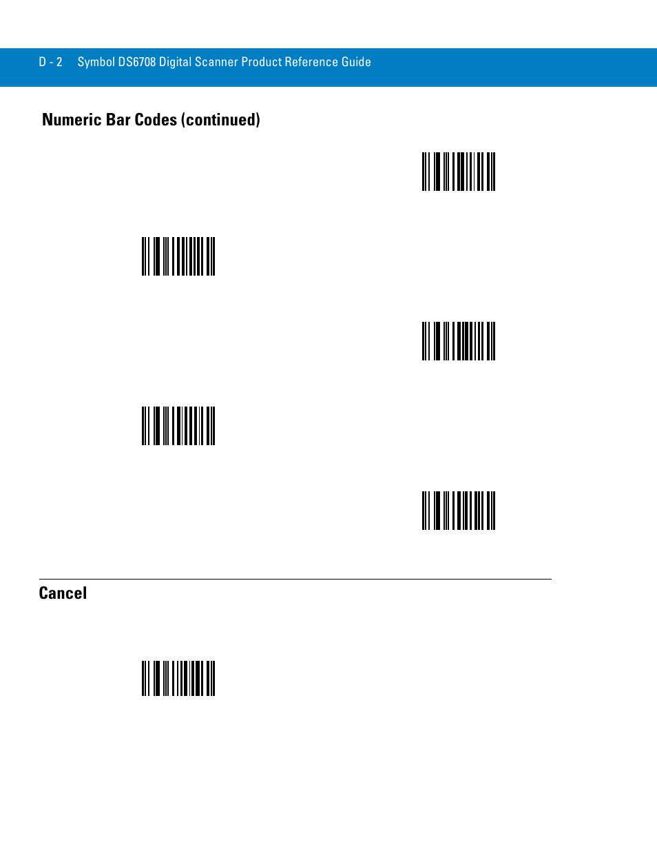Cancel, Ion, scan, Cancel on | Numeric bar codes (continued) | Symbol Technologies 72E-86039-04 User Manual | Page 402 / 434