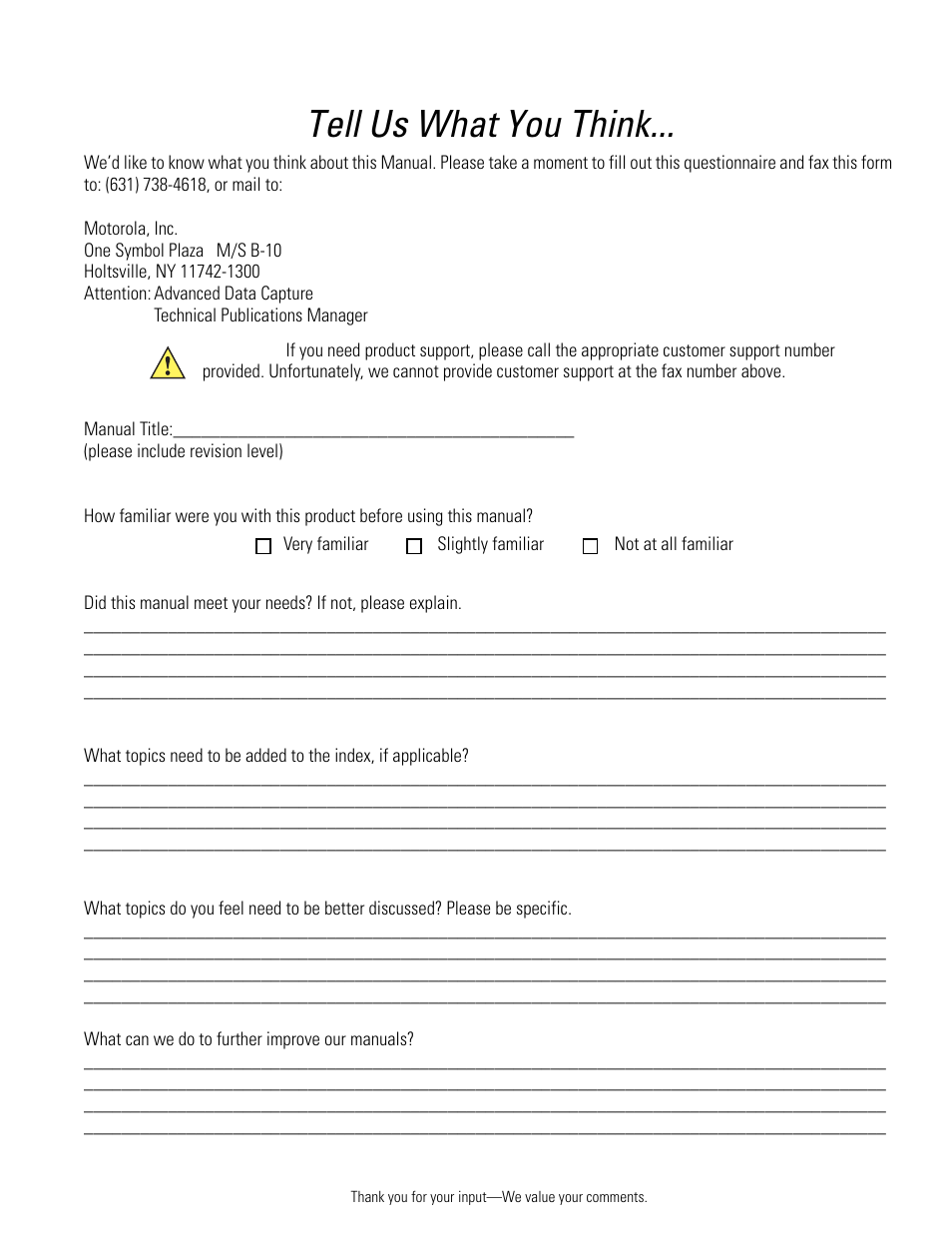 Tell us what you think | Symbol Technologies 72E-86039-04 User Manual | Page 431 / 434