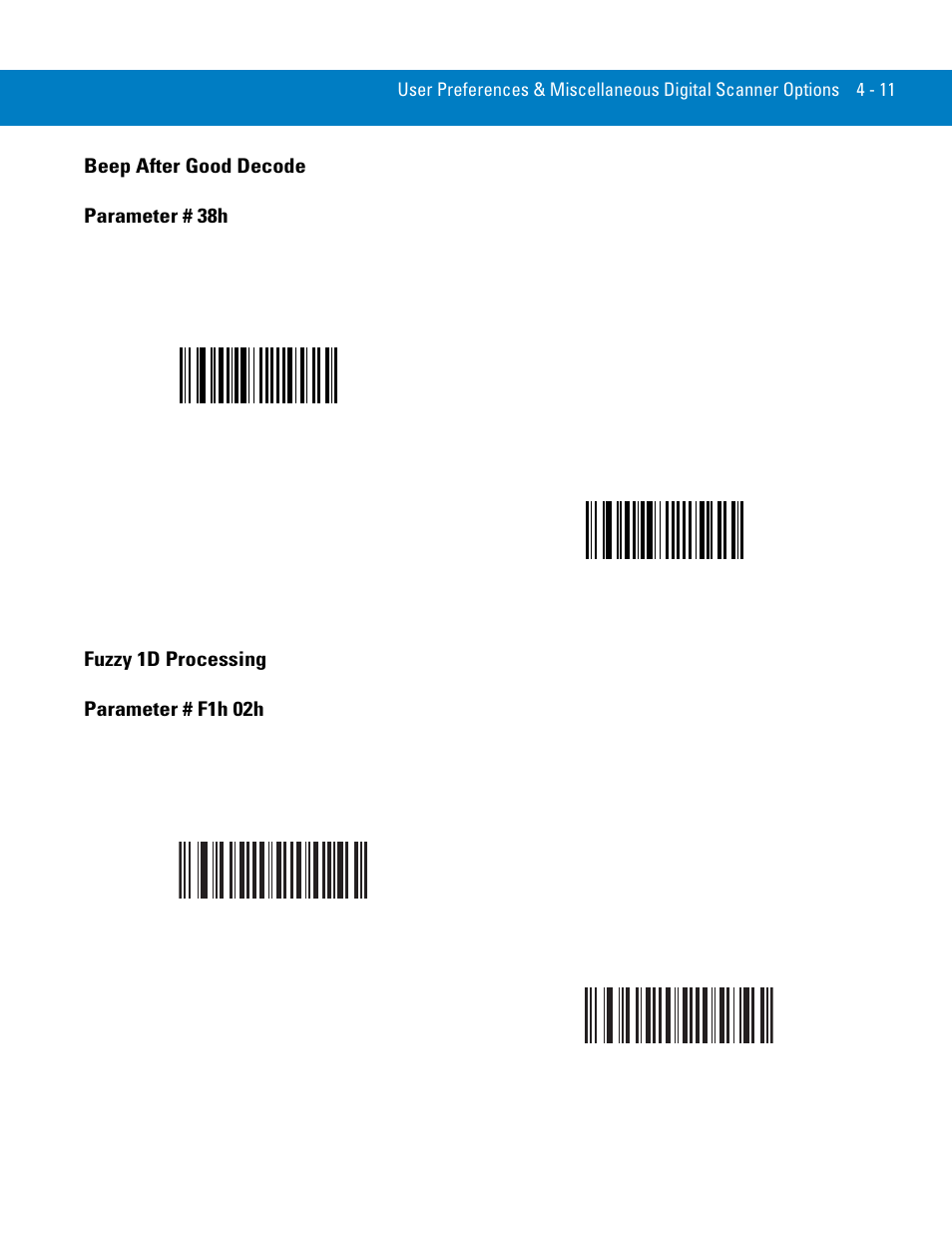 Beep after good decode, Fuzzy 1d processing, Beep after good decode -11 fuzzy 1d processing -11 | Beep after good decode parameter # 38h, Fuzzy 1d processing parameter # f1h 02h | Symbol Technologies 72E-86039-04 User Manual | Page 53 / 434