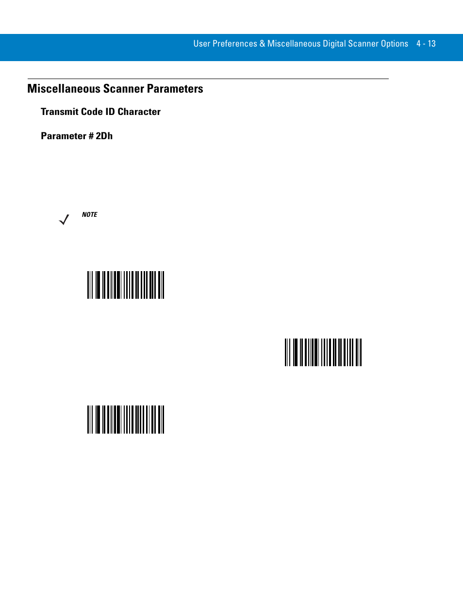 Miscellaneous scanner parameters, Transmit code id character, Miscellaneous scanner parameters -13 | Transmit code id character -13, Transmit code id character parameter # 2dh | Symbol Technologies 72E-86039-04 User Manual | Page 55 / 434