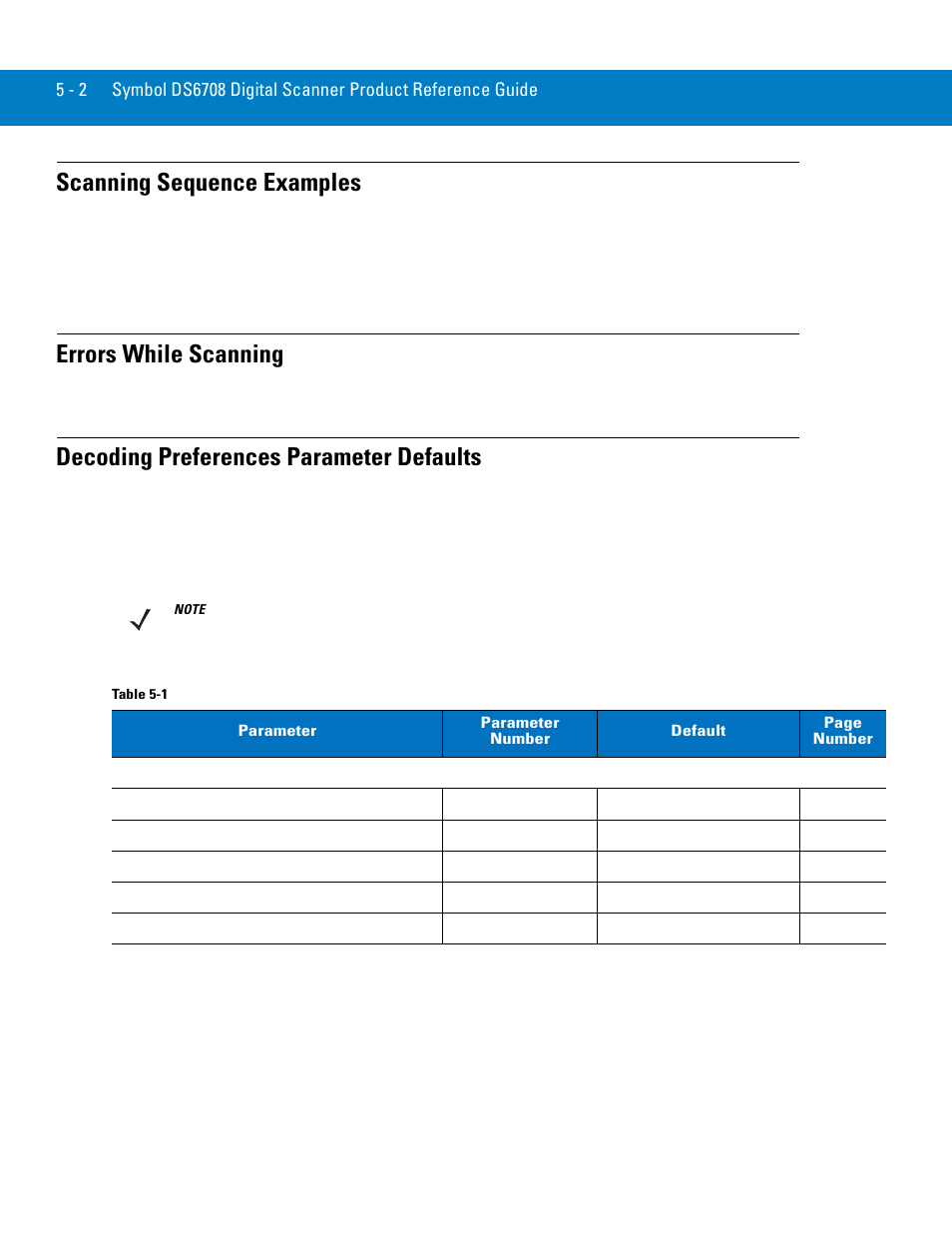 Scanning sequence examples, Errors while scanning, Decoding preferences parameter defaults | Own in the | Symbol Technologies 72E-86039-04 User Manual | Page 62 / 434