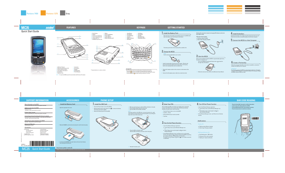 Mc35, Quick start guide, Features support information | Phone setup accessories, Getting started, Keypads, Bar code reading, Start the mc35, Install activesync, Install the sim card | Symbol Technologies MC35 User Manual | Page 2 / 2