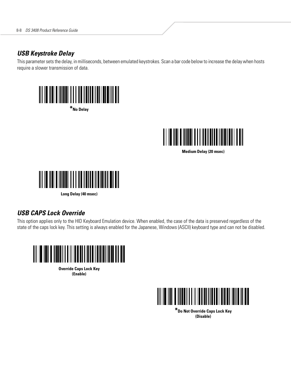 Usb keystroke delay, Usb caps lock override, Usb keystroke delay -8 | Usb caps lock override -8, Usb keystroke delay -8 usb caps lock override -8 | Symbol Technologies DS 3408 User Manual | Page 114 / 396
