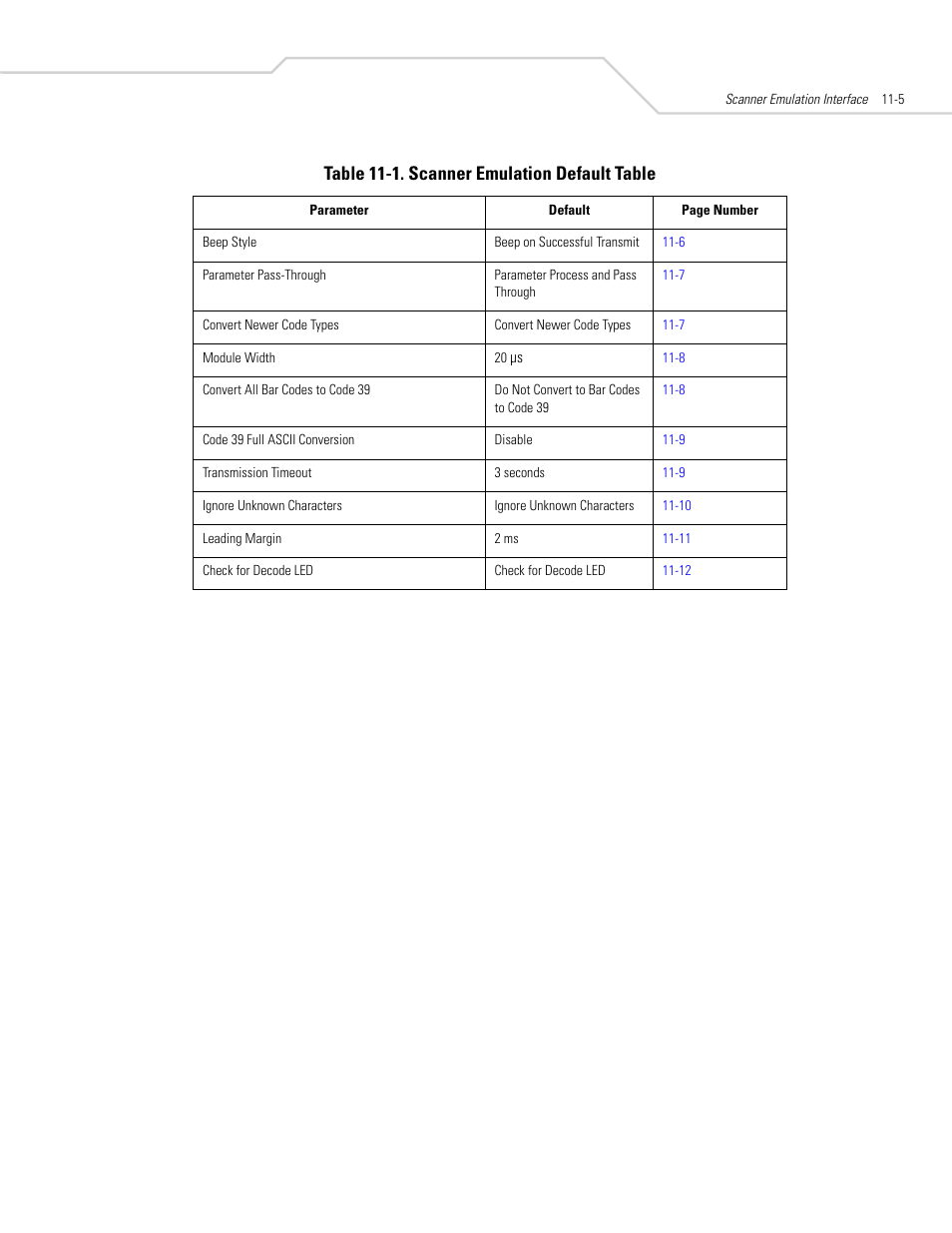 Table 11-1, Table 11-1. scanner emulation default table | Symbol Technologies DS 3408 User Manual | Page 147 / 396
