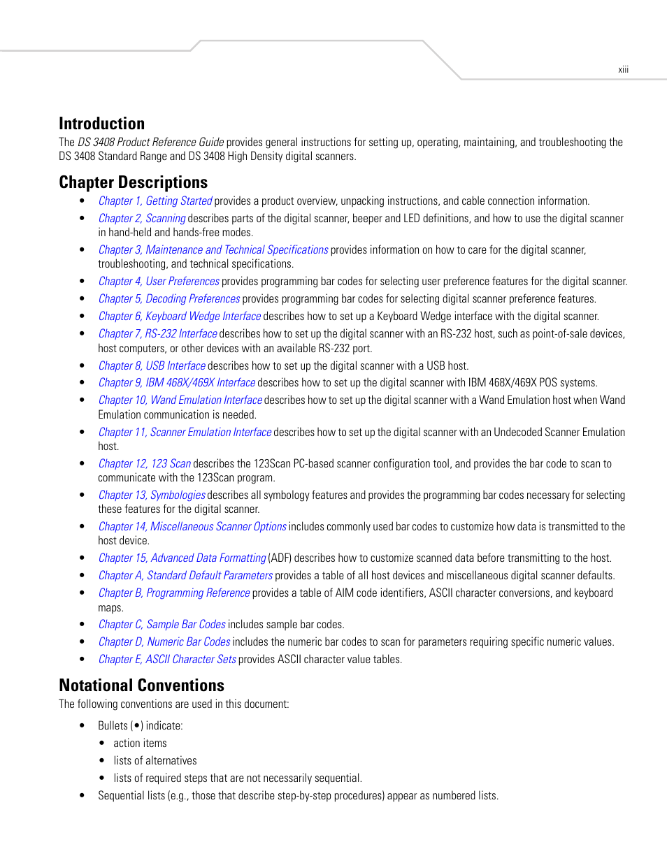 Introduction, Chapter descriptions, Notational conventions | Symbol Technologies DS 3408 User Manual | Page 15 / 396