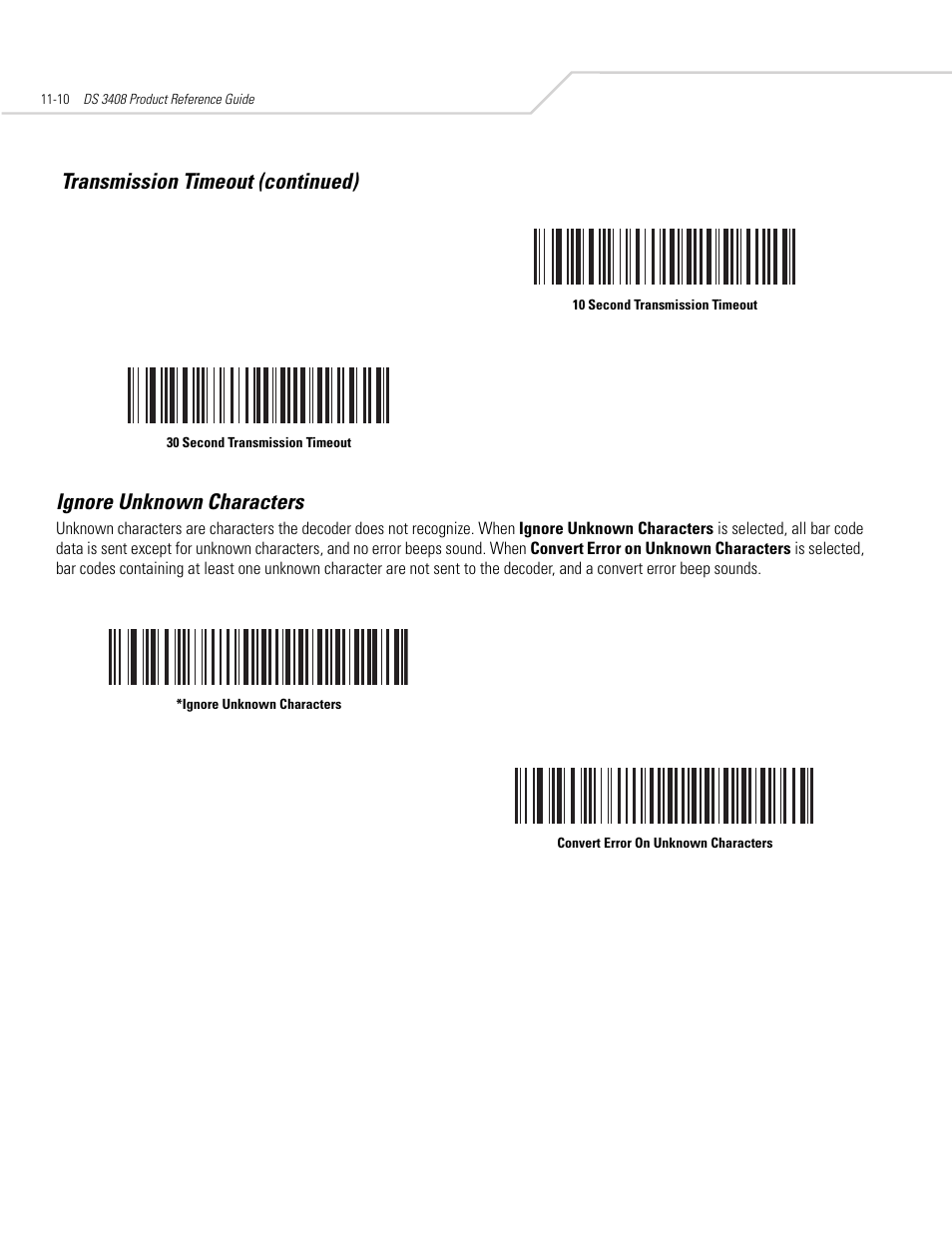 Ignore unknown characters, Ignore unknown characters -10, Transmission timeout (continued) | Symbol Technologies DS 3408 User Manual | Page 152 / 396