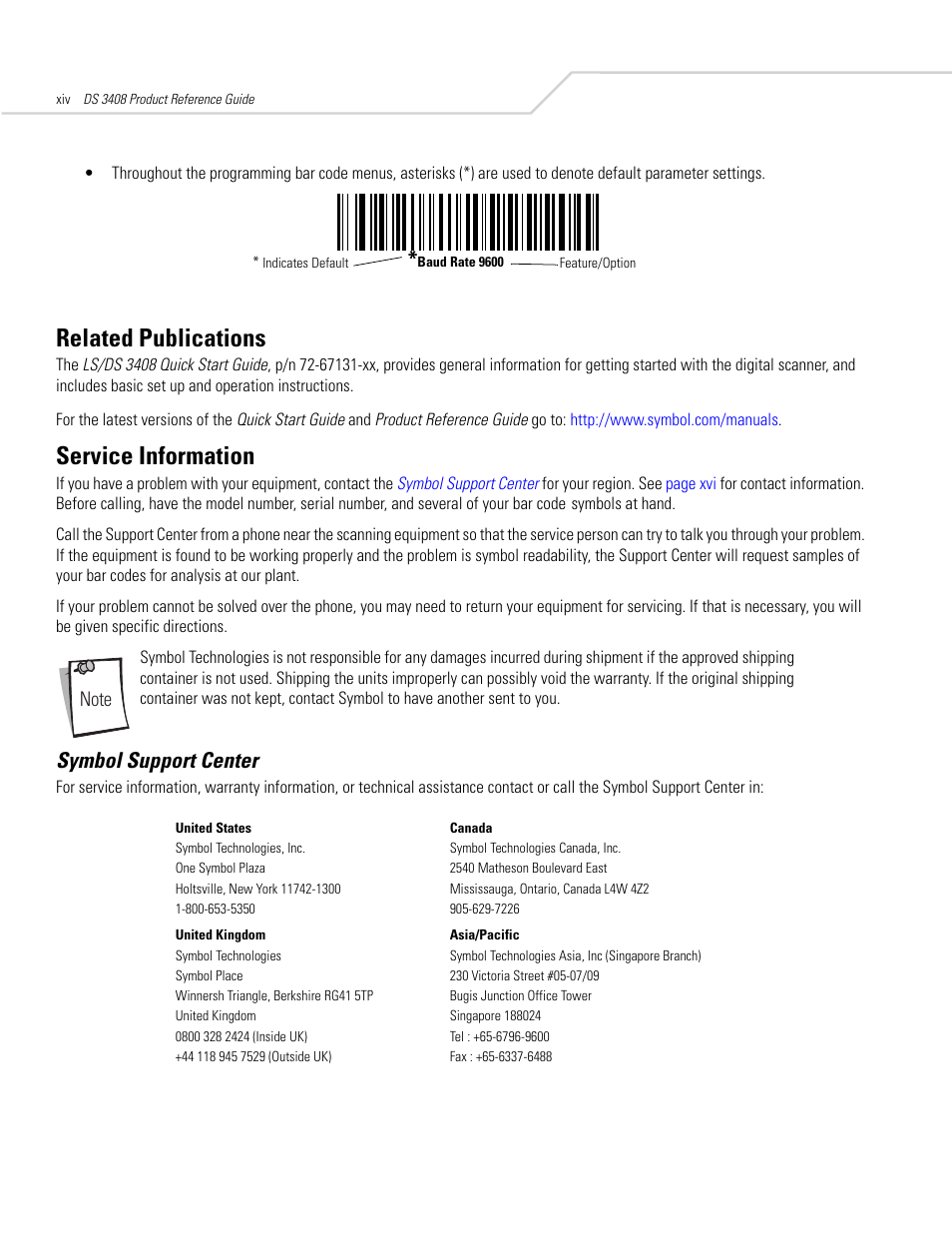 Related publications, Service information, Symbol support center | Symbol Technologies DS 3408 User Manual | Page 16 / 396