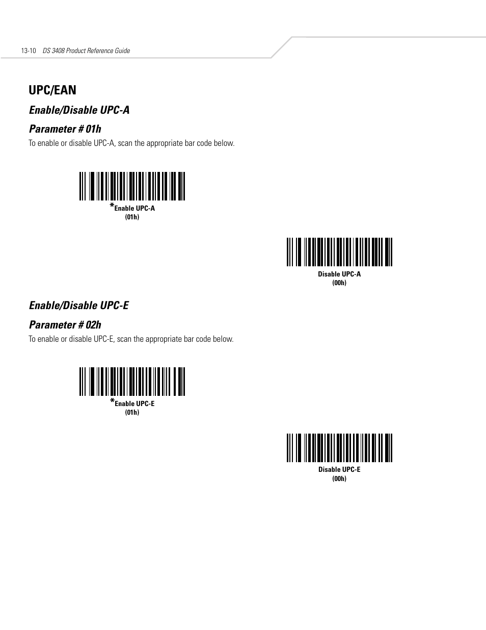 Upc/ean, Enable/disable upc-a, Enable/disable upc-e | Upc/ean -10, Enable/disable upc-a -10 enable/disable upc-e -10, Enable/disable upc-a parameter # 01h, Enable/disable upc-e parameter # 02h | Symbol Technologies DS 3408 User Manual | Page 168 / 396