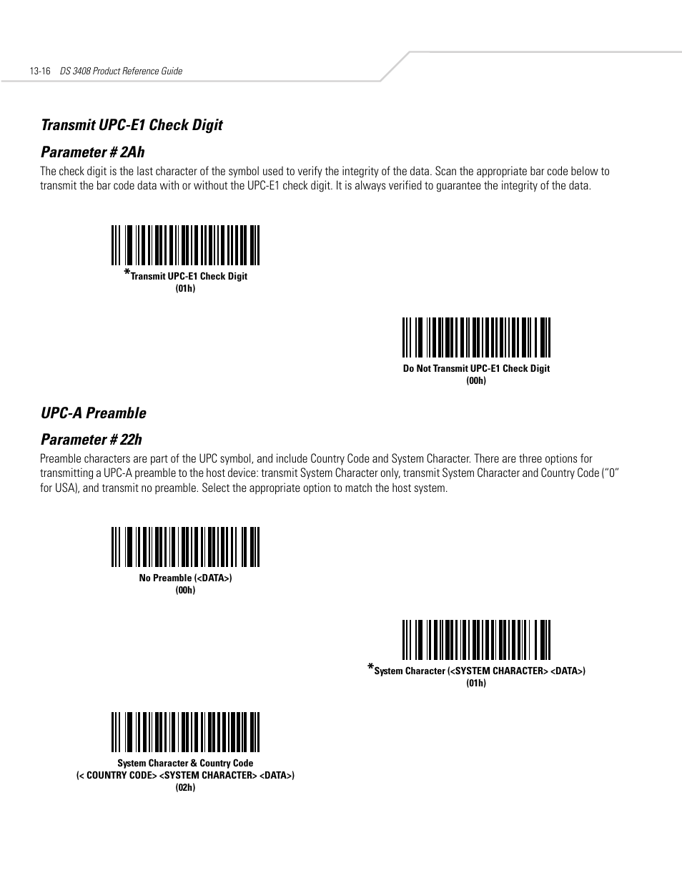 Transmit upc-e1 check digit, Upc-a preamble, Transmit upc-e1 check digit -16 upc-a preamble -16 | Transmit upc-e1 check digit -16, Upc-a preamble -16, Transmit upc-e1 check digit parameter # 2ah, Upc-a preamble parameter # 22h | Symbol Technologies DS 3408 User Manual | Page 174 / 396