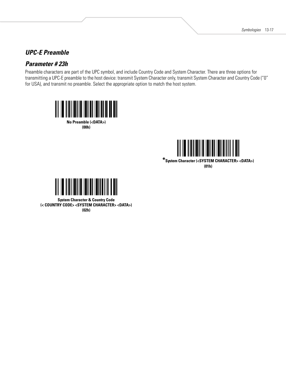 Upc-e preamble, Upc-e preamble -17, Upc-e preamble parameter # 23h | Symbol Technologies DS 3408 User Manual | Page 175 / 396